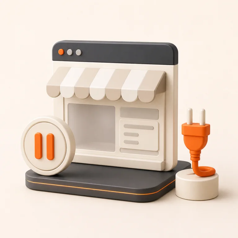 Abstract storefront with a calm pause symbol and disconnected plug