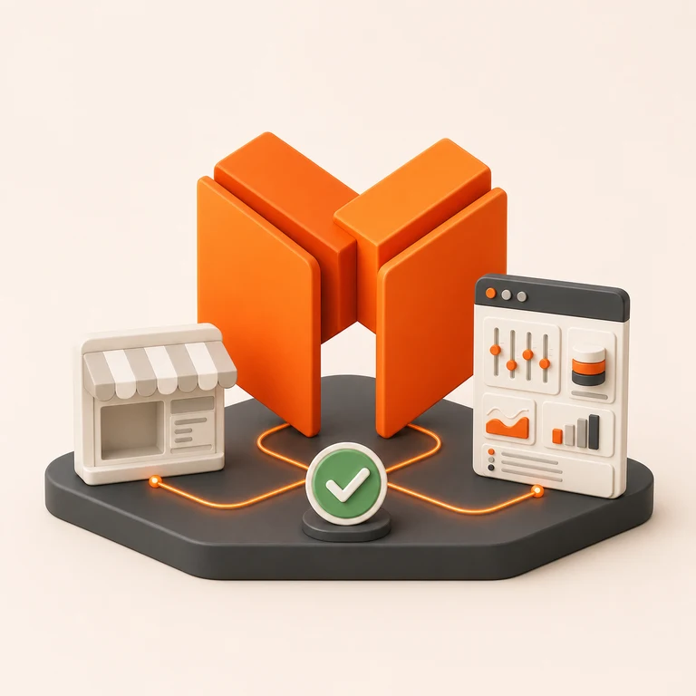 Abstract modular commerce foundation connected to a storefront and dashboard
