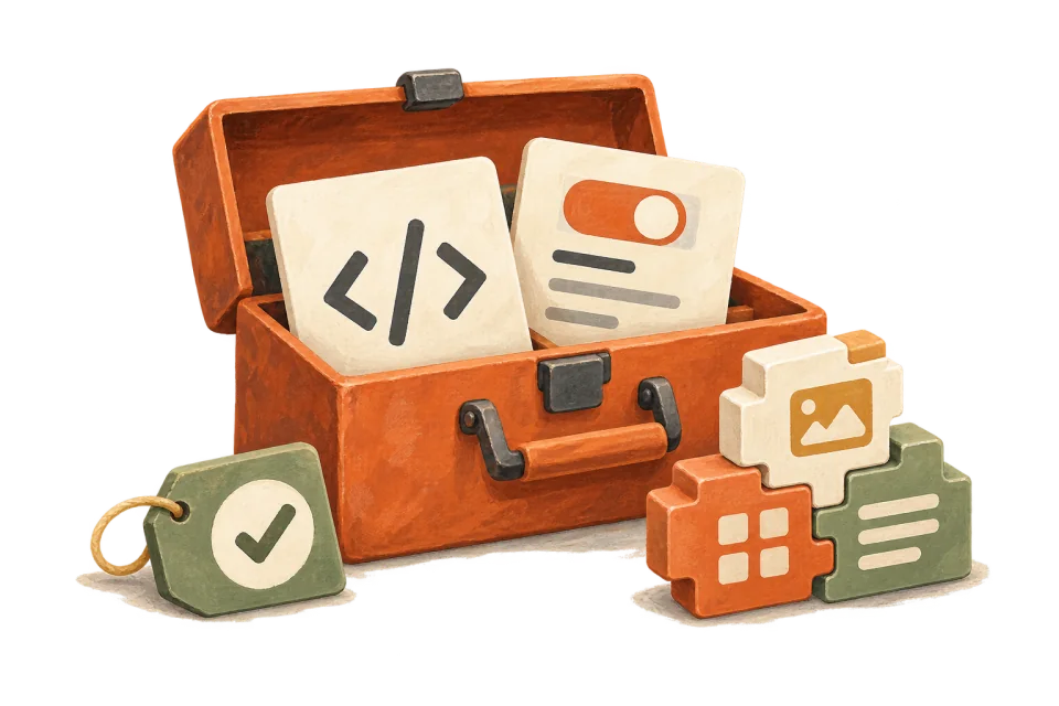 A painted developer toolkit with template cards, connected components, and a completion check