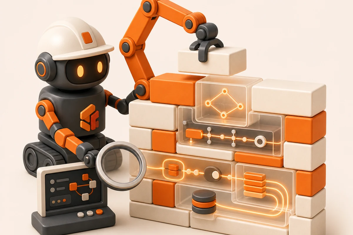 A robotic bricklayer inspecting Magento runtime connections inside transparent building blocks
